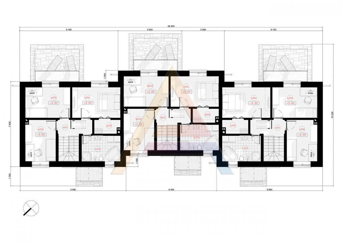 Проект таунхауса «Сильвия» 2 этажа 13x28 м, площадь 304 кв.м